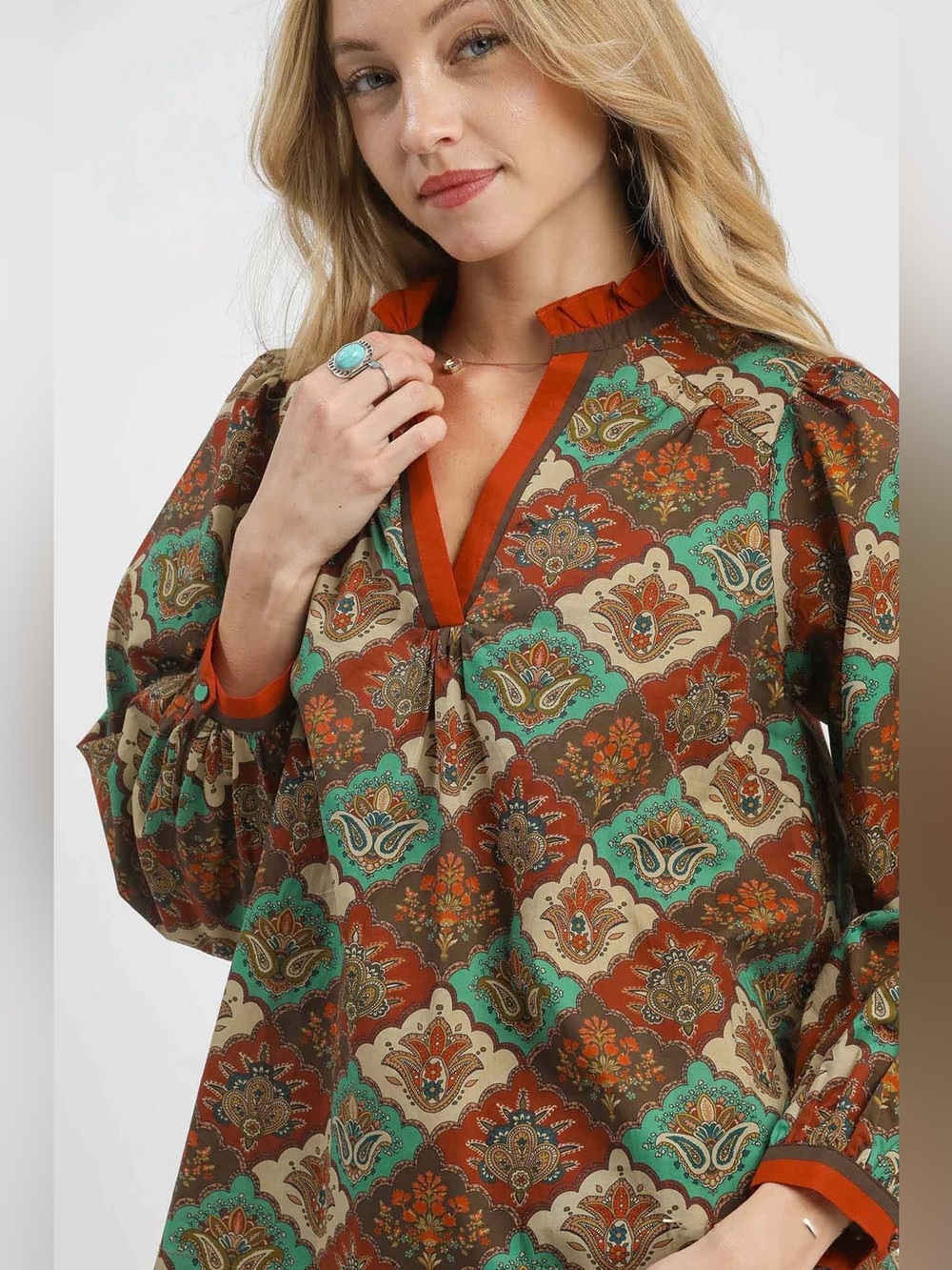 Umgee Abstract Print Ruffle Neck Top🛍️ - Picture 5 of 5